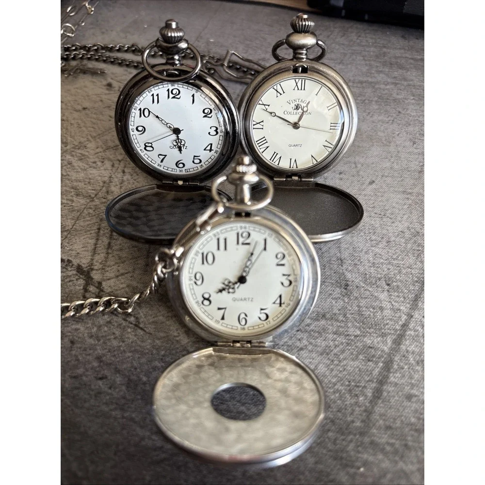 Vintage New York Silver Toned Pocket Watch Bundle with Chain 3 Piece Quartz Set